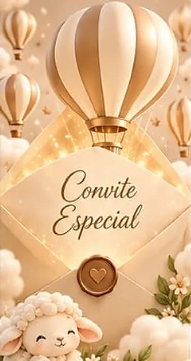 Abertura: envelope se abrindo com balão dourado e o texto “Convite Especial”
