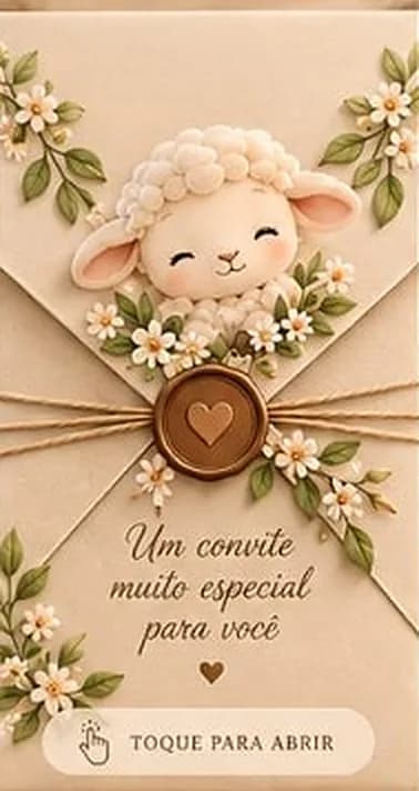 Capa do convite: envelope com selo de cera e ovelhinha, com o botão “Toque para abrir”