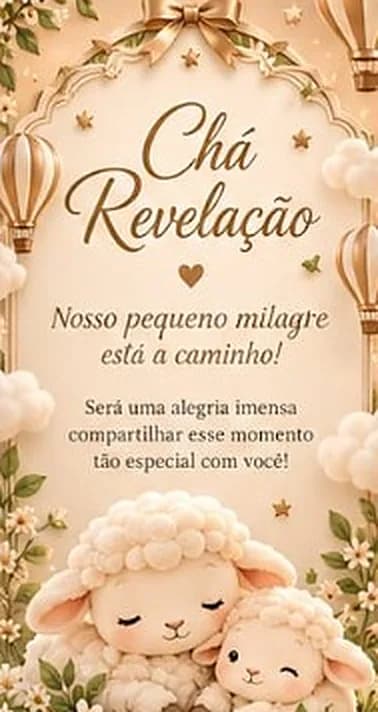 Convite de Chá Revelação com ovelhinhas, balões dourados e o texto “Nosso pequeno milagre está a caminho”